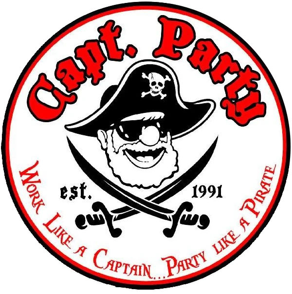 The Capt. Party captain badge: est. 1991, Work like a Captain, Party like a Pirate
