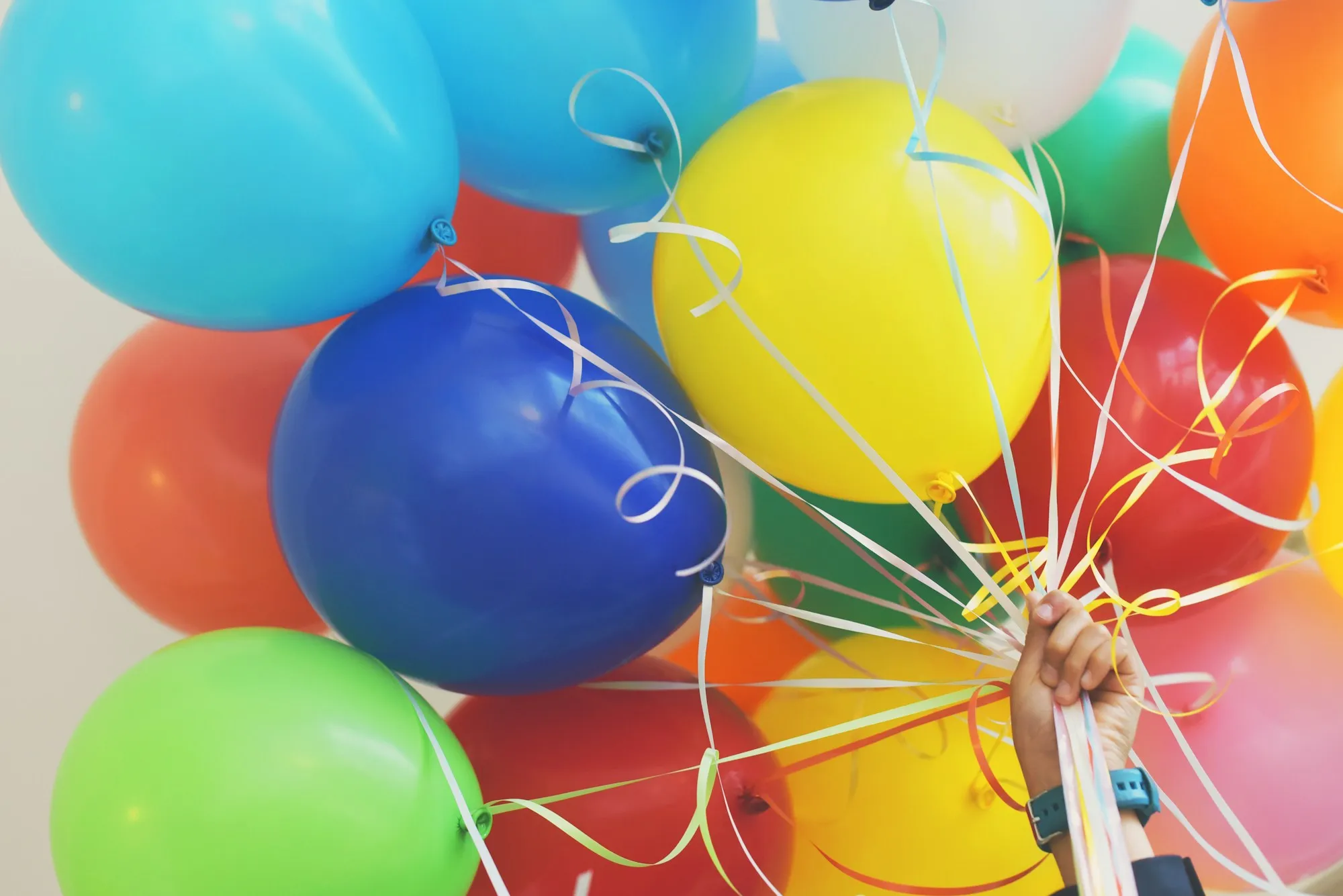 A hand holding a big bunch of bright red, yellow, green and blue latex balloons