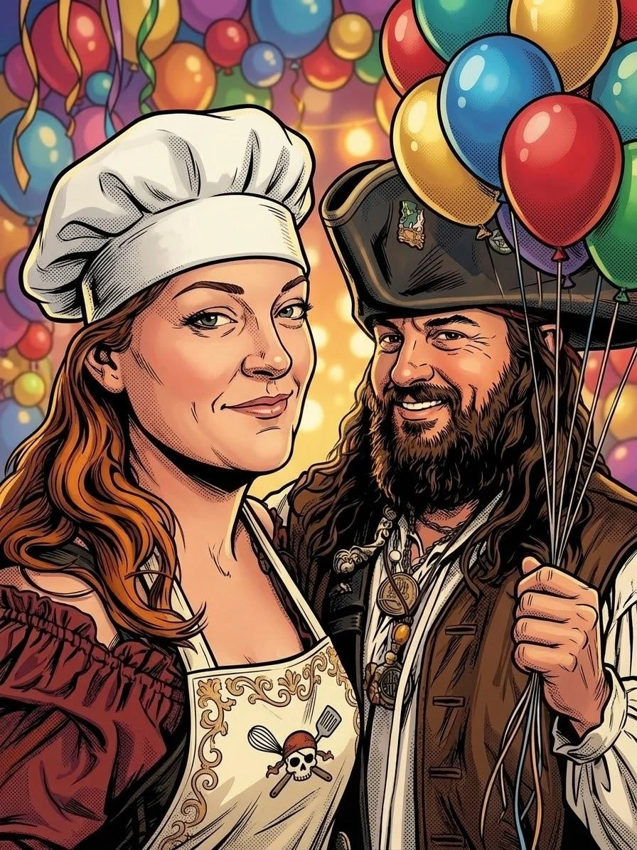 Illustration of Lady Christina in a chef's hat and the Commodore in a pirate hat holding a bunch of balloons