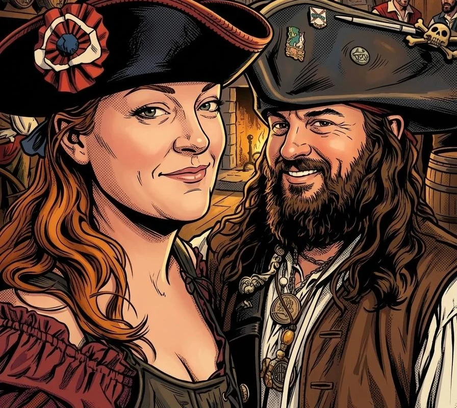 Illustration of the Commodore and Lady Christina in tricorn pirate hats inside a pirate tavern
