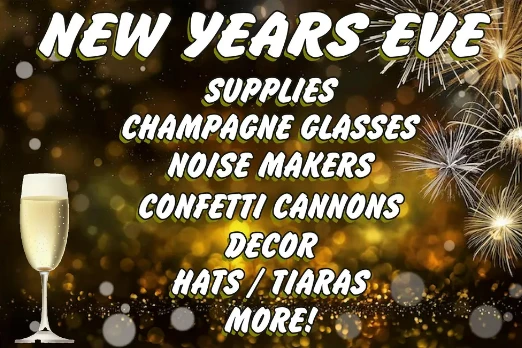 New Year's Eve supplies at Capt. Party: champagne glasses, noisemakers, confetti cannons, decor, hats and tiaras