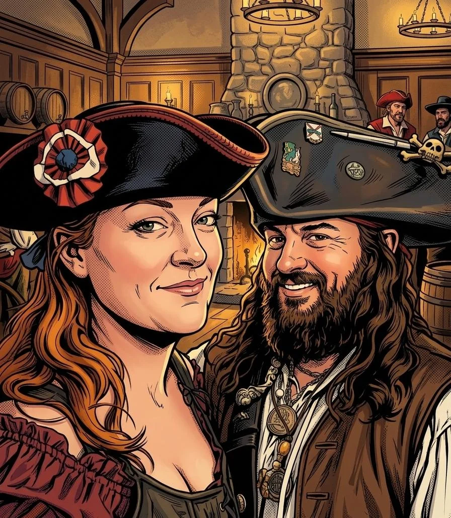 Illustration of the Commodore and Lady Christina in tricorn pirate hats inside a pirate tavern
